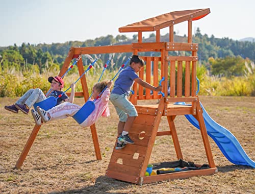 DOLPHIN PLAYGROUND T Wooden Swing Set with Slide & Climbing Wall for Kids Ages 3-9