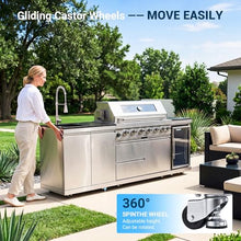 96-Inch Outdoor Kitchen Island Grill, 6-Burner 85,000 BTU Stainless Steel BBQ with Refrigerator, Sink, Rotisserie Kit, Granite Countertops & Storage Cabinets (Silver)