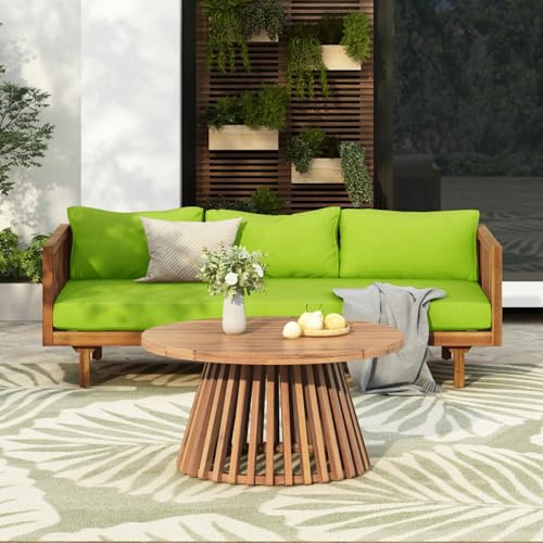 WEALTHKING 3-Seater Outdoor Daybed with Acacia Wood Coffee Table Set for Patio Garden Backyard Lounge Furniture (Teak Wood+Green Fabric)