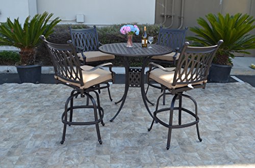 PatioLand Grand Tuscany 5-Piece Outdoor Bar Set 48" Cast Aluminum Dark Bronze Sunbrella Sesame