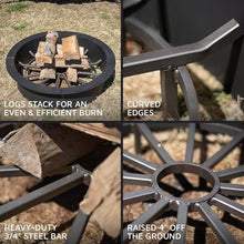 Ash & Ember 36" Wagon Wheel Fire Grate, High-Efficiency Smoke-Free Fireplace Log Grate, Decorative Wood Burning Lifted Grate Pit, Sandblasted Steel with Light Oil Coating