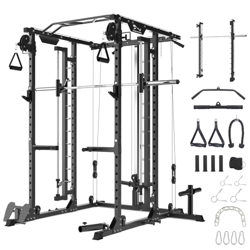 STMHOM Power Cage with Smithbar, 2000 Lbs Rack, Cable Crossover, LAT Pulldown, Black