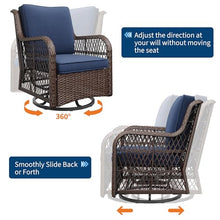 PioneerWorks Outdoor Swivel Wicker Glider Patio Chairs with Table Set, 3 Pieces Outdoor Bistro Set with 4”Thick Cushions and Coffee Table for Porch, Balcony, Deck (Blue)