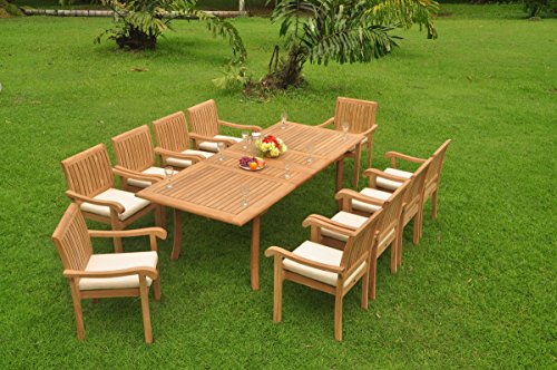 TeakStation 10 Seater Grade-A Teak Wood 11pc Dining Set: 94" Rectangle Table and 10 Napa Stacking Arm Chairs #TSDSNPf