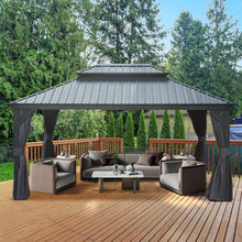 12' X 16' Hardtop Gazebo, Outdoor Metal Grill Shelter with Galvanized Steel Double Canopy, Permanent Pergola with Curtains & Netting, Suitable for Patios Deck Backyard (12'X16' (Grey))
