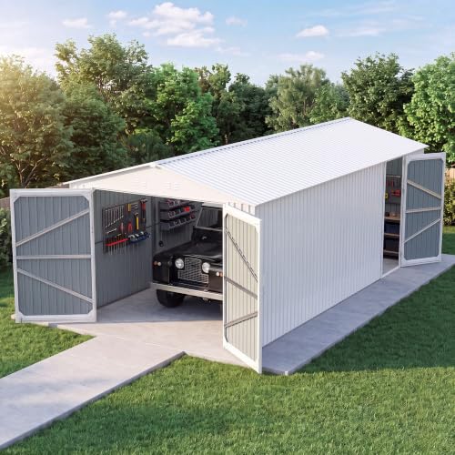 20x10 FT Outdoor Storage Shed, Metal Garage Shed with 2 Lockable Doors, and 4 Vents,Large Metal Building,Galvanized Steel Prefab Garage Sheds for Car, Truck, Bike, Tool,White