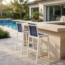 Outdoor Escape Navy Mesh Fabric Outdoor Patio Barstool Set of 2, Cushioned Seating, Contemporary Style, 44.5-Inch Height, 21.5-Inch Wide