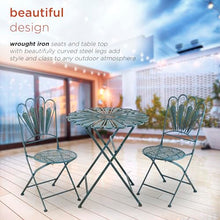 Alpine Corporation Indoor/Outdoor 3-Piece Peacock Feather Rustic Metal Bistro Set Patio Seating, Light Blue