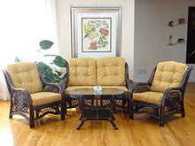 Malibu Lounge Set of 4: 2 Natural Rattan Wicker Chairs, Loveseat with Light Brown Cushions and Coffee Table w/Glass Handmade, Dark Brown