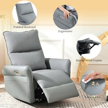 GDFStudio 270° Power Swivel Rocker Recliner Chair with USB & Type-C Ports, PU Leather Electric Glider Recliner, Upholstered Reclining Armchair with Side Pockets for Living Room, Bedroom, Blue Grey