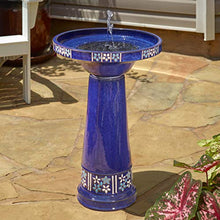 Smart Solar Louisa IntelliSolar® Outdoor Solar-Powered Birdbath Fountain with Remote, Bubbler and 360-Degree Spray Topper, Ceramic Cobalt Blue Birdbath, Floral Detail