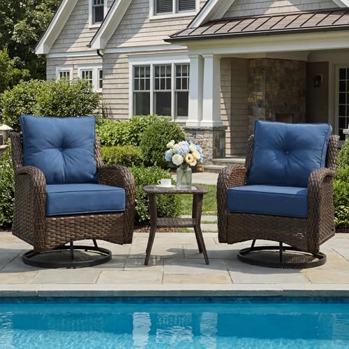 ADRERIC 3-Piece Patio Furniture Set with 6" Ultra-Thick Cushions, Swivel Rocker Chairs with Side Table, All-Weather Round Wicker Conversation Set & Bistro Set for Porch Sunroom Deck, Blue