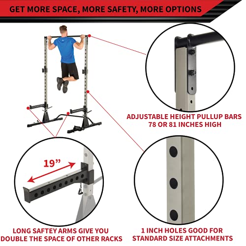 Fitness Reality Squat Rack Power Cage with J-Hooks, Landmine 360° Swivel, Weight Plate Storage Attachment and Power Band Pegs Gray