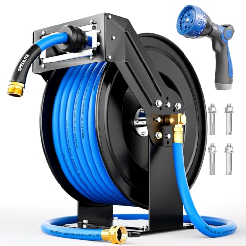 SPECILITE Retractable Garden Hose Reel with 3/4" 65ft Hot/Cold Water Pipe