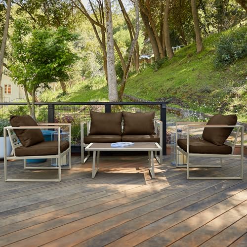 East Oak Patio Furniture Set, 4-Piece Outdoor Patio Set with Sofa, Removable & Washable Seating Cushion, Tempered Glass Table, Outside Patio Conversation Sets, Champagne Gold & Chestnut Brown