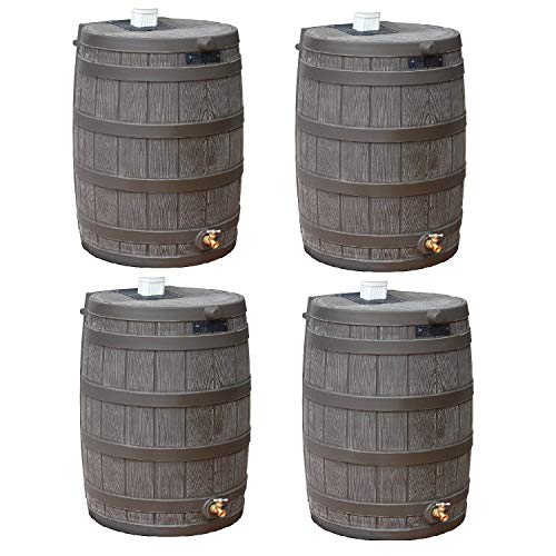 Good Ideas Rain Wizard 50 Gallon Plastic Rain Barrel Water Storage Collector with Brass Spigot, Oak