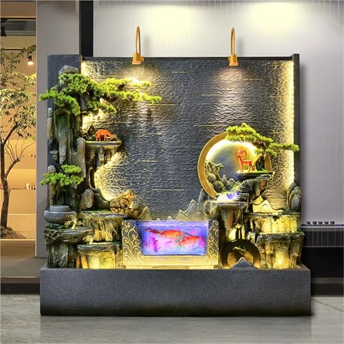 Outdoor Water Feature Indoor/Outdoor Large Water Fountain Wall, Lightweight Resin Fountain with LED Lights, Mist, Bonsai Trees with Fish Tank, Zen Decor(Yellow,Small)