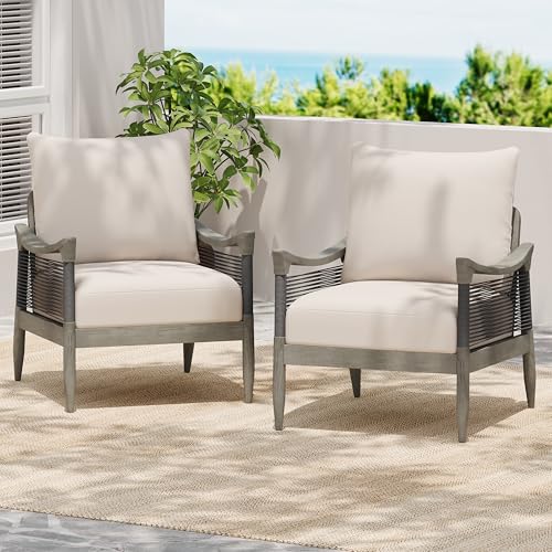 Christopher Knight Home Havets Set of 2 Patio Acacia Wood Club Chair with Woven Rope, Outdoor Armchair, Water-Repellent Thick Cushion Deep Seating for Porch, Garden, Backyard, Balcony, Gray+Beige