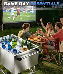 Mobile Ice Bin Chest with Handle, Stainless Steel Ice Chest with Sliding Lid and Bottle Holders, Cooler Cart Cocktail Unit for Bar Restaurant Pub, NSF Certified