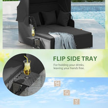 ORALNER Outdoor Daybed, 2-Person Wicker Patio Sofa with Retractable Canopy, Cushions & Pillows, 2 Side Trays, PE Rattan Double Sunbed Lounger for Deck Poolside Garden Balcony (Black)