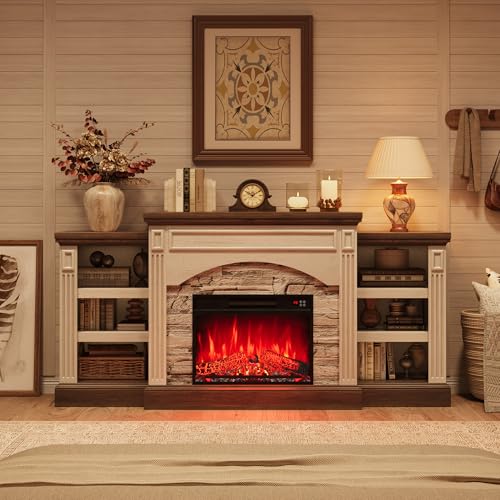 Homhougo Fireplace TV Stand for 80", Farmhouse Wood Entertainment Center