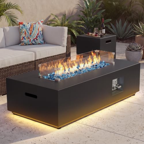 42" Rectangular Outdoor Propane Fire Pit Table with LED for Outside Patio