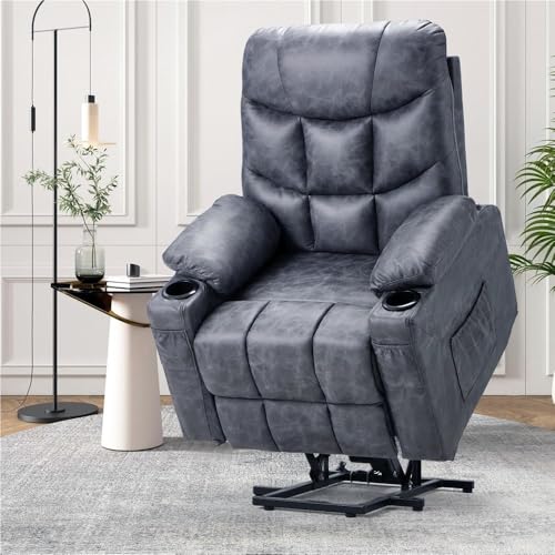 HTERWQEA Electric Power Lift Recliner Chair for Seniors, Heavy Duty Adjustable Lounge Sofa with Heated Vibration Massage, Comfortable Living Room Furniture, 2 Cup Holders