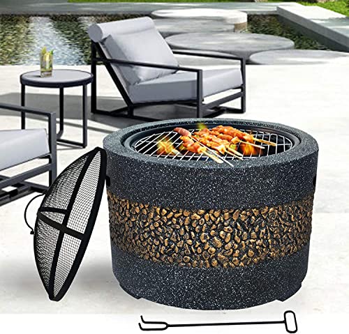 NEWCES Safety Certification Wood Burning Fire Pit w/Cooking Grill BBQ Grill Pit Bowl w/Mesh Spark Screen Cover & Poker Charcoal Barbecues Grill Smoker Barbeque Grill