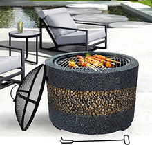 NEWCES Safety Certification Wood Burning Fire Pit w/Cooking Grill BBQ Grill Pit Bowl w/Mesh Spark Screen Cover & Poker Charcoal Barbecues Grill Smoker Barbeque Grill