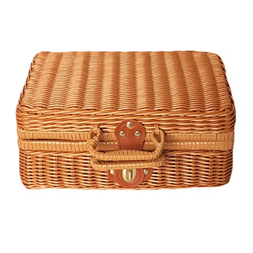 Storage Basket,Picnic,Imitation Rattan Vintage,Traditional Wicker Hamper Box,Woven,Hand Made,for Cosmetic Bags,Souvenirs,Picnics,Brown