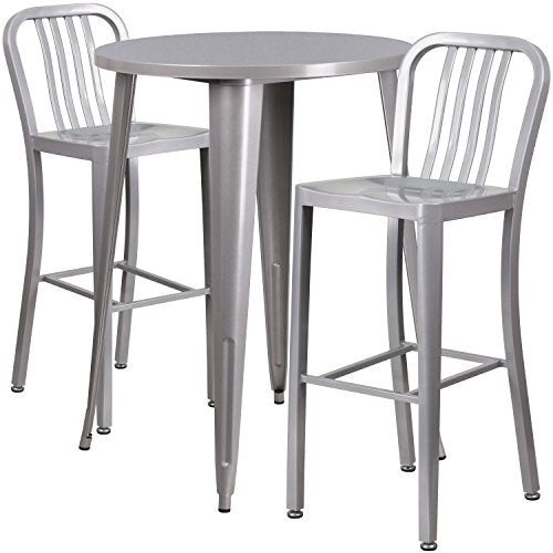Flash Furniture Commercial Grade 30" Round Silver Metal Indoor-Outdoor Bar Table Set with 2 Vertical Slat Back Stools