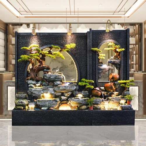 Outdoor Water Fountain with LED Light, Cement, Rockery Texture, 77L x 70H x 17W inches, for Living Room, Balcony, Dining Room, Garden Club,Housewarming Gift.Multiple Options(B+C)