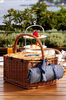4 Person Handmade Wicker Picnic Basket Set Square Design with 59.1 x 59.1 in water-resistant Blanket - Kahve rengi ve mavi