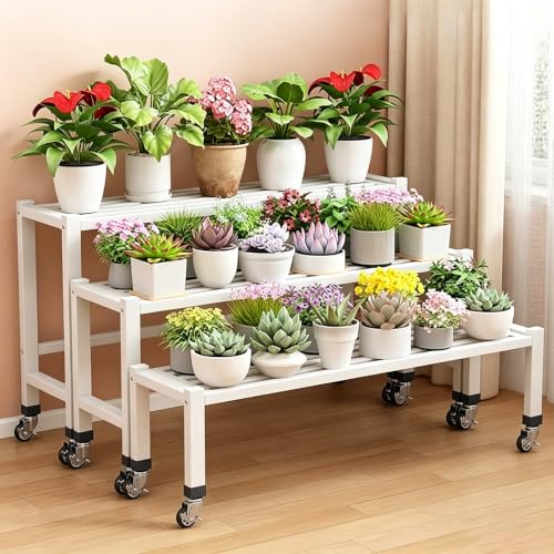 3 Pack Plant Stand On Wheels, Heavy Duty Rolling Flower Shelf For Patio
