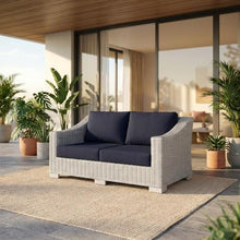 Outdoor Escape Blue Wicker Rattan Loveseat, Cushioned Seating, Weather-Resistant Design for Outdoor Patios, Garden, Backyard