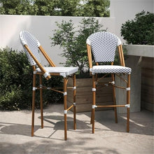 Pemberly Row Modern 30.25" Rattan Bar Stools, White/Navy, Set of 2, Fade Resistant PE Rattan with Bamboo Print Metal Frames, Indoor/Outdoor Bistro Stools, Commercial Grade Seating for Patio or Bar Use