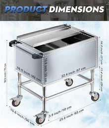 Stainless Steel Insulated Ice Bin Cart with Wheels, Portable Mobile Outdoor Cooler Cart with Sliding Lid, Removable Handle & Drain Pipe, Large Capacity Ice Storage Bin for Parties,Patio&Outdoor Events