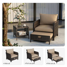 LEVELEVE Patio Conversation Set 5 Piece, Balcony Furniture Outdoor PE Rattan Wicker Lounge Chairs with Soft Cushions, 2 Ottomans & Glass Table for Porch Lawn, Brown (Khaki Cushions