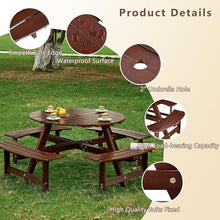 CKEASEAN 8 Person Wooden Picnic Table, Outdoor Round Picnic Table with 4 Built-in Benches, Umbrella Hole, Outside Table and Bench Set for Patio, Backyard, 500lbs Capacity Per Bench (Brown - 8Person)