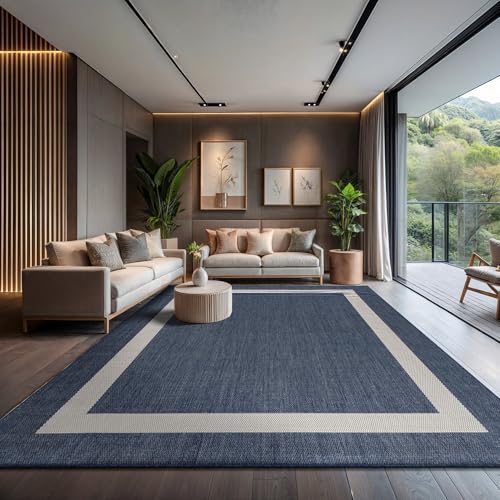 CAMILSON Outdoor Rug 10x14, Large Modern Outside Rugs for Patios Porches Waterproof Durable Washable Non-Shedding, Easy-to-Clean Indoor Outdoor Area Carpet (10 x 14, Bordered - Blue/White)