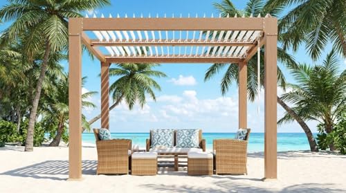 SunnyFurn 10' x 10' x 8' Outdoor Louvered Pergola, Aluminum Wood-Grain Gazebo with Adjustable Roof & Privacy Curtains, Weather Resistant Hardtop Shelter for Patio, Backyard, Deck, Garden