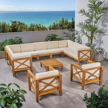 Great Deal Furniture GDFStudio Outdoor 11 Seater Acacia Wood Sectional Sofa and Club Chair Set, Teak Finish and Beige