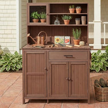Roomfitters 65" Garden Potting Bench with Storage Hutch, Outdoor Potting Table & Prep Station, Drawer, Cabinet, Shelves, Brown