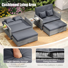 LDAILY Moccha Outdoor Daybed, Wicker Loveseat Sofa Set with 4-Postion Adjustable Backrest, Storage Ottoman, Cushions, Rattan Double Bed Lounger, Patio Furniture Set (Mixed Gray+Gray)