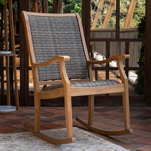 Cambridge Casual Dunham Teak Porch Rocking Chair, Padded Woven Seat, All-Weather Teak Wood Outdoor Rocker with Built-in Quick Dry Cushion and Poly-Rattan Wicker Accents