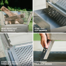 Ash & Ember Stainless Steel Glass Fire Pit, Modern Outdoor Wood Burning Fire Pit with Heat-Resistant Microcrystalline Glass Panels, Removable Ash Drawer, Contemporary Fire Pit with Glass Wind Guard