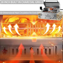 28 Inch Built In Charcoal Grills, Stainless Steel Charcoal Bbq Grill Built In with Liftable Charcoal Tray, Rain Fabric Cover, Insulated Hood and Temperature Gauge, for Outdoor Camping, Cooking
