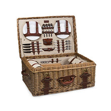 PICNIC TIME Charleston Luxury Picnic Basket for 4, Romantic Vintage English-Style Wooden Basket, Complete Deluxe Service With Blanket, Suitcase-style Handle and Genuine Cowhide Leather, (Beige Canvas)