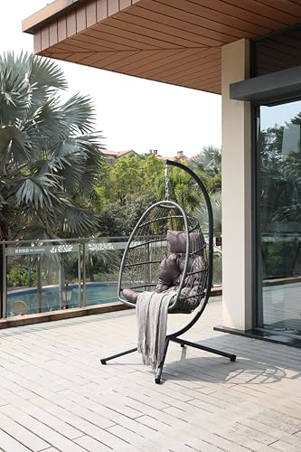 Seeheool Egg Chair with Stand Outdoor Foldable Patio Wicker Hanging Swing Chairs for Bedroom Balcony with Cushions 350Lbs Indoor Lounge Basket All Weather Hammock Swinging Chair, Dark Gray