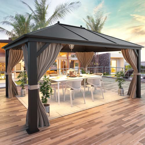 MELLCOM 10'x13' Hardtop Gazebo with Netting and Curtains Dark Brown